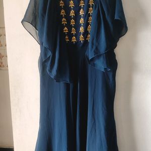 Navy Blue Gown With Ruffel Sleeves