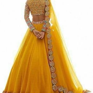 new Yellow unstitched lehnga with bag