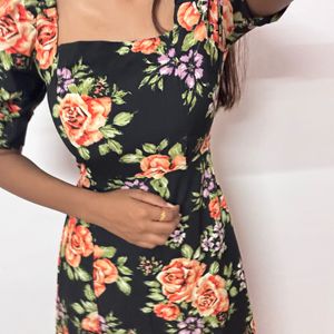 Black Floral Midi Dress Aesthetic New