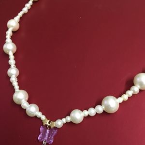 Pearl Bead W Butterfly&Teardrop Pendant Necklace