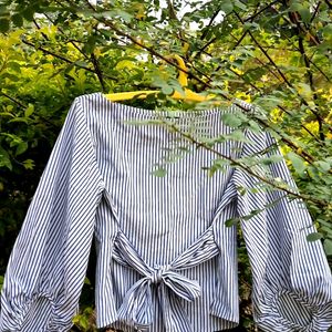 Blue Striped White Balloon Sleeve Top