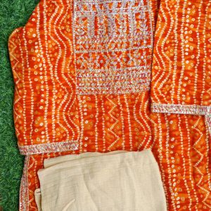 Orange Festive Kurti With Cotton Dupatta