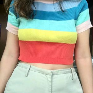 Choker Neck Colourblocked Multicolor Ribbed Crop T