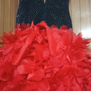 Red And Dark Blue Combination Frill Frock