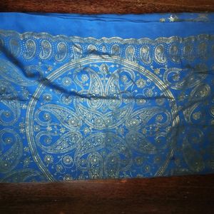 Blue Chiffon Sari With Designer Work