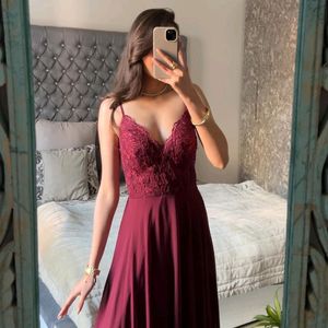 Maroon Lace Chiffon Gown