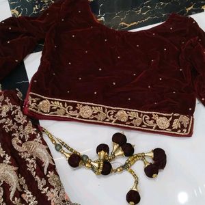 Heavy Dapka Hand Work Maroon Velve Bridal Lehnga