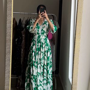 Floral Print A-line Maxi Dress (Green)