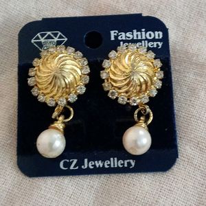 Golden Earrings With American Diamond And Pearl