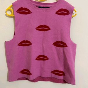 Women Lips Print Pink Top