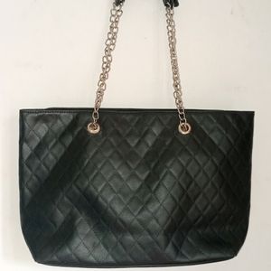 Black Chain Leather Tote Bag.