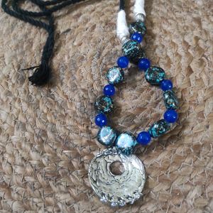 Blue Onyx Stone Necklace With Oxidized Pendant