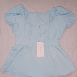 Blue Gathered Milkmaid Top/ Coquette