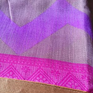 Magenta Tissue Saree with Silver Zari Border