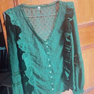 Self Design Green Ruffle Top