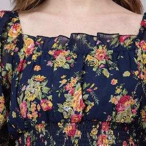 KASSUALLY Blue Floral Clinched Waist Smocked Top