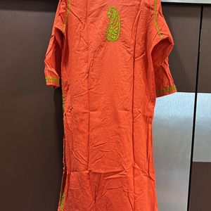 Chikankari Orange N Green Kurta