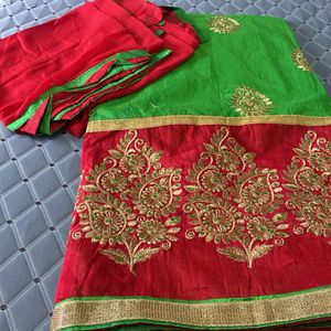 Chanderi Green & Red  Dress Material