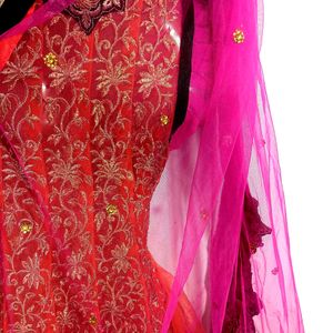 Rose Pink & Orange Lehenga Style Saree (Women)