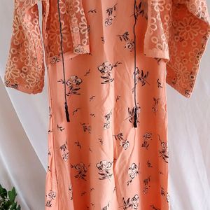 Peach Umbrella Cut Floral Print Dress