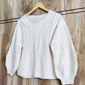 Cream Self Design Sweater Size-36