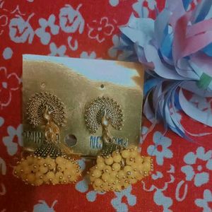 Golden And Yellow Beaded Peacock Jhumki Earring