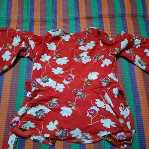 Red Floral Bell Sleeve Top