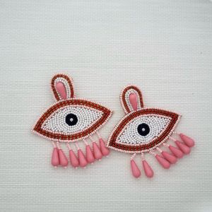 Beaded Pink Evil Eye Dangler Earrings