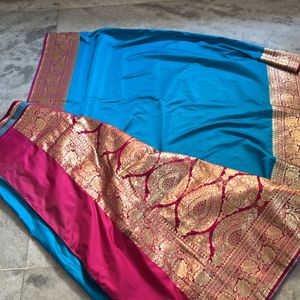 Beautiful Blue Banarasi Saree With Pink Border