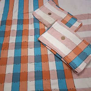 Orange, Blue Double Bed Sheet With 2 Pillow Covers