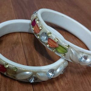 Off White Heavy Bangles With Crystal Work