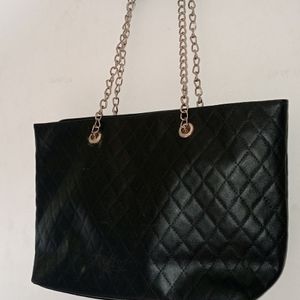 Black Chain Leather Tote Bag.