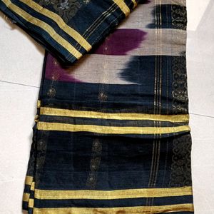 Black Magenta Golden Cotton Saree