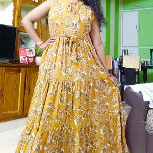 Tokyo Talkies Women Mustard Colour Frilled Gown