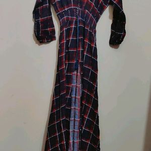 Red & Navy Blue Check Print Long Front Cut Open Ku