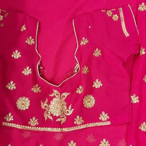 Rani Pink Saree Golden Border Stitched Blouse Part