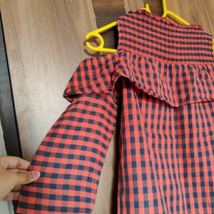 Rust Orange Checked Cold Shoulder Top(Women)