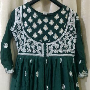 Rayon Cotton Bottle Green Lucknowi Kurti