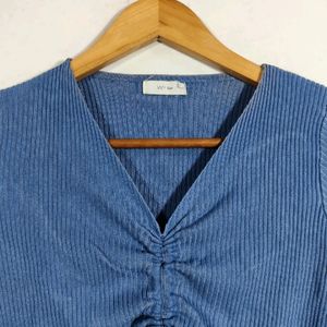 Blue V Neck Ribbed Top