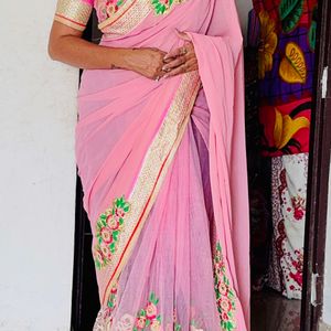 Pink Saree With stitch blouse