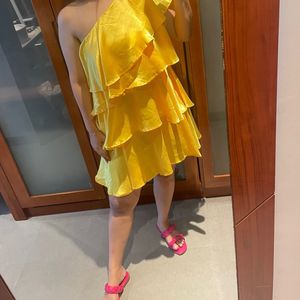 Yellow Ruffle One Shoulder Dress