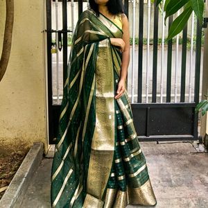 Dark Green Gold Organza Sequence Saree