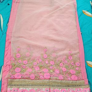 Designer Silk Net Pink Floral Saree