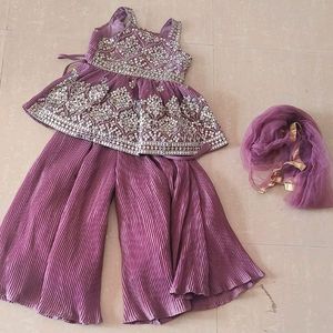 Purple Square Neck Girls Palazzo Set Sharara