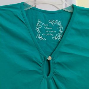 Eyelet Neck Sea Green T Shirt