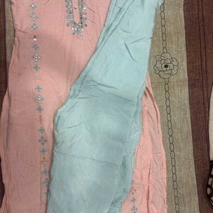 Girlish Peach Blue Kurti Suit Kurta Set