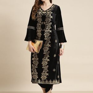 Black Velvet Foil Print Flared Sleeve Kurta