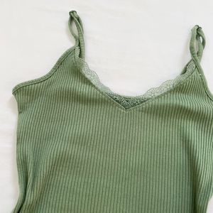 Y2K Sage Green Lace Trim Fitted Rib Tank top