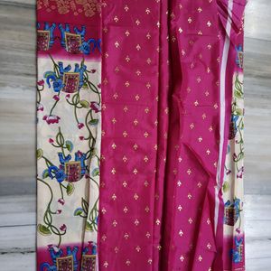 Dola Print Foil Design Cream With Pink Saree