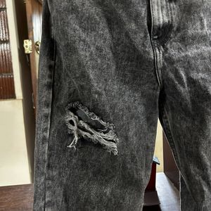 Gray Color Ripped Straight Leg Pant